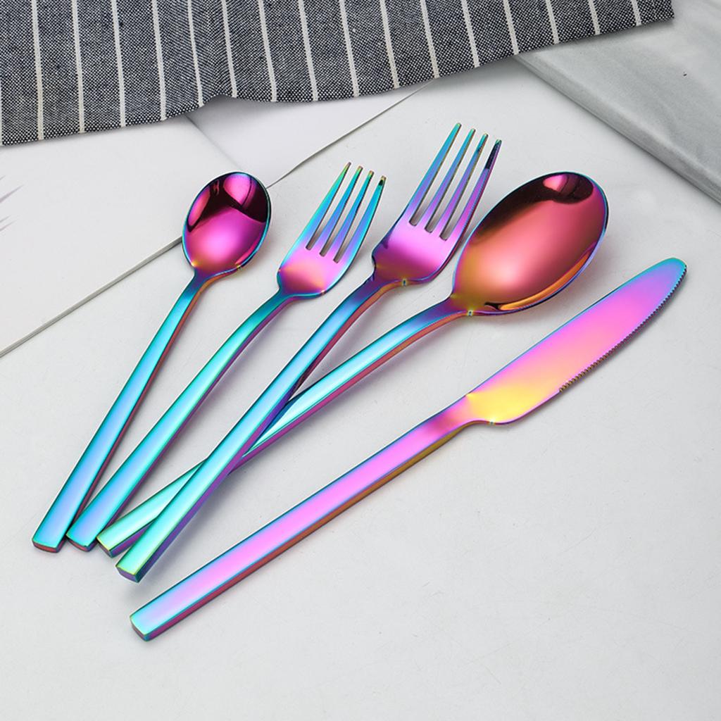 5x Glossy Tableware Cutlery Set Knife Spoon Fork Flatware Rainbow