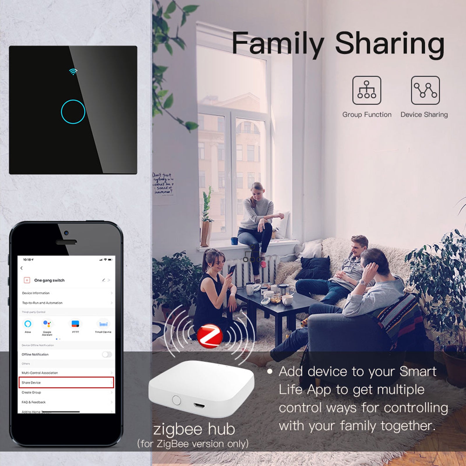 Smart Light Switch Remote Conrol Timing Setting Family Sharing Controler 1 Way Black