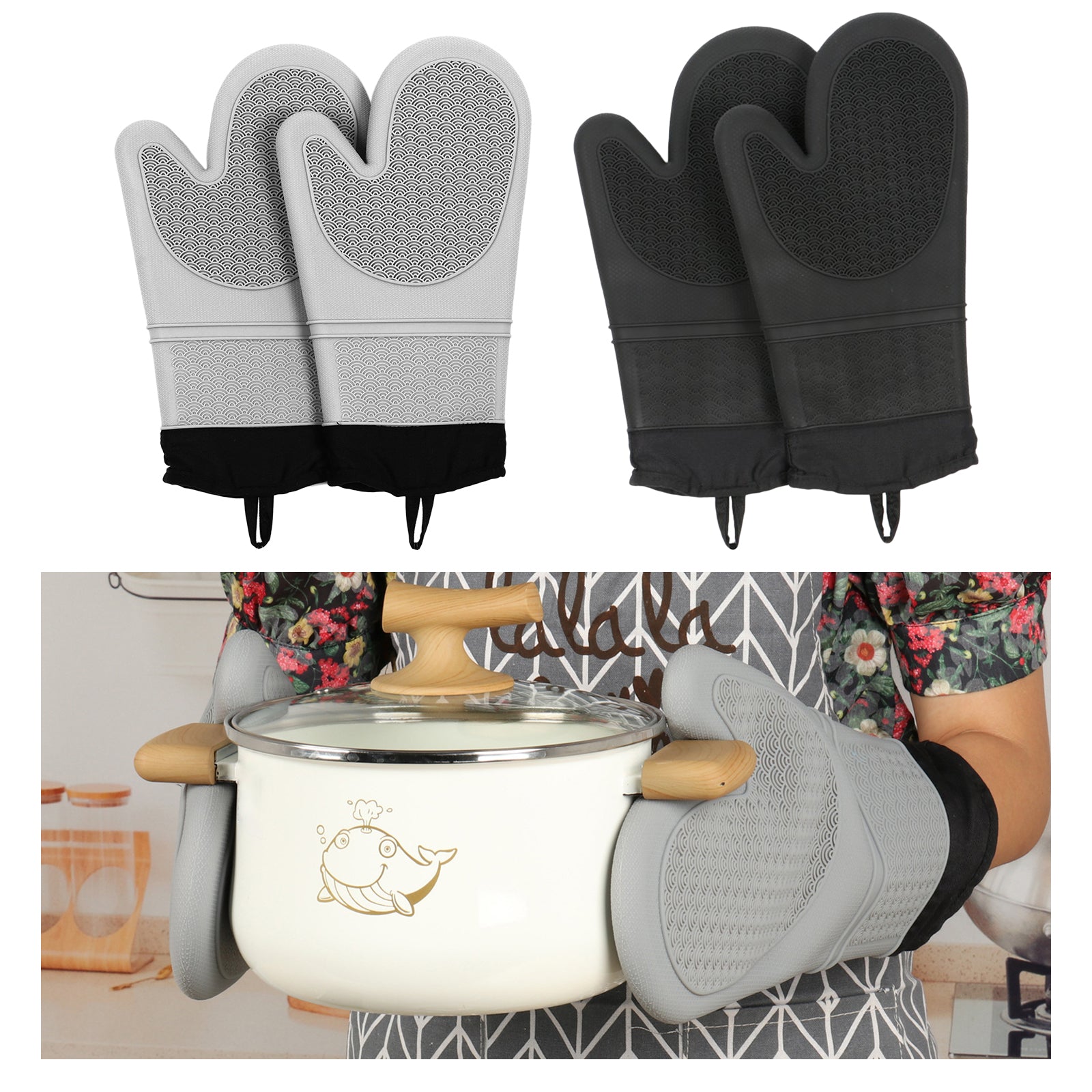 2PCS Premium Oven Mitts Pot Holders Tool Pads for Grilling Cooking BBQ Black