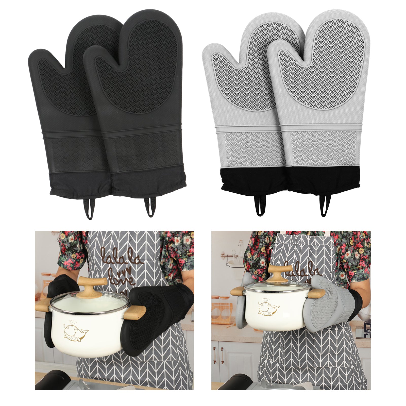 2PCS Premium Oven Mitts Pot Holders Tool Pads for Grilling Cooking BBQ Black