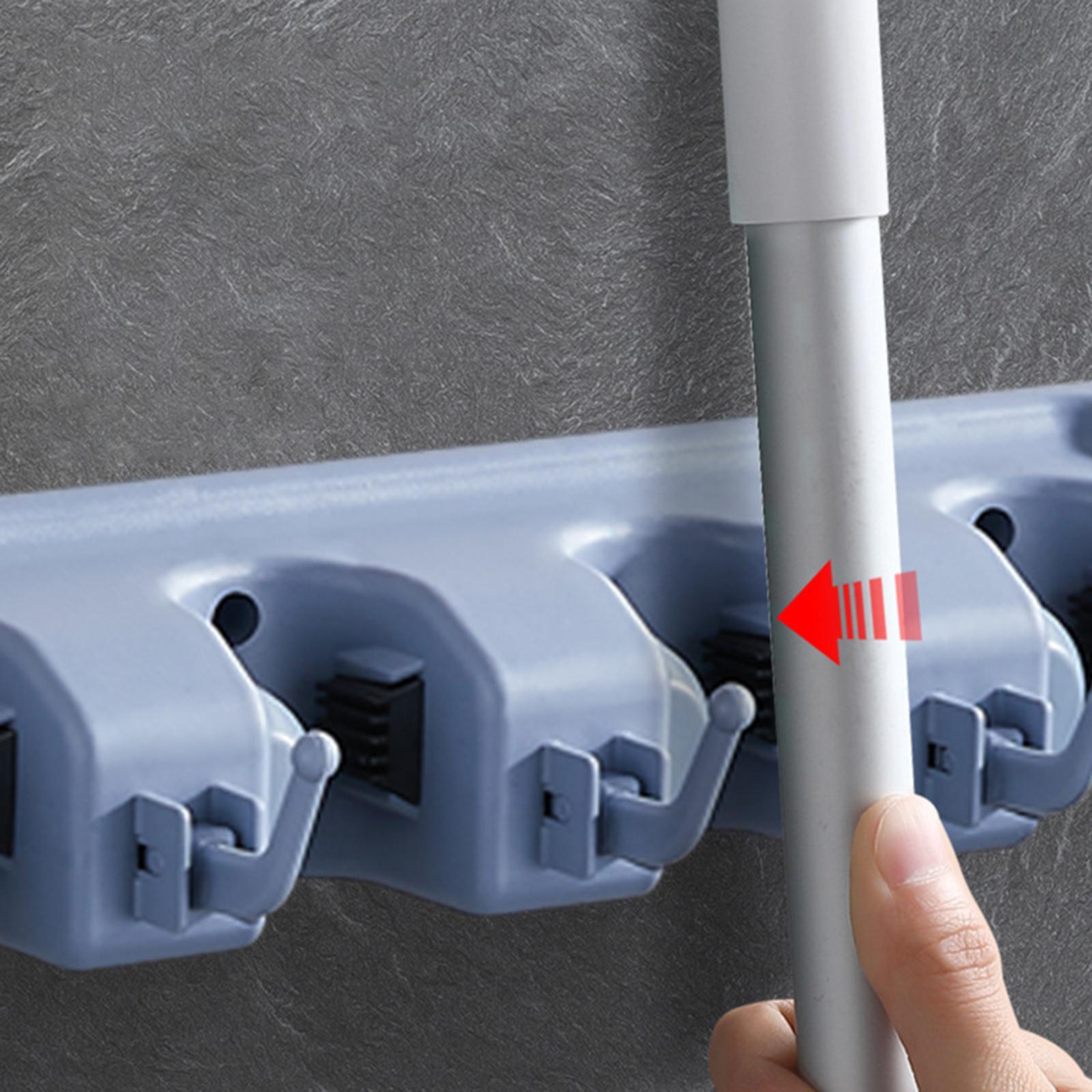 Wall Mounted Broom Mop Holder Kitchen Storage Organizer Blue 6 Hooks