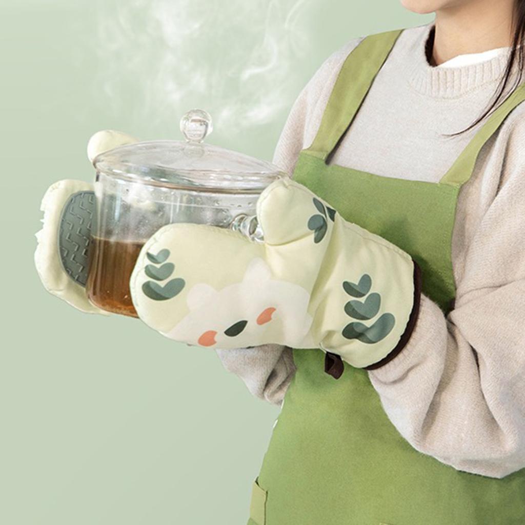 1 Set Oven Mitts Barbecue Gloves Baking Gloves Anti-Hot Kitchen Cooking Tool Matcha Green
