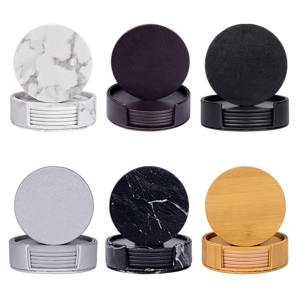 Leather Marble Grain Coasters for Drinks with Holder Heat Resistant Cup Mat marble grain white
