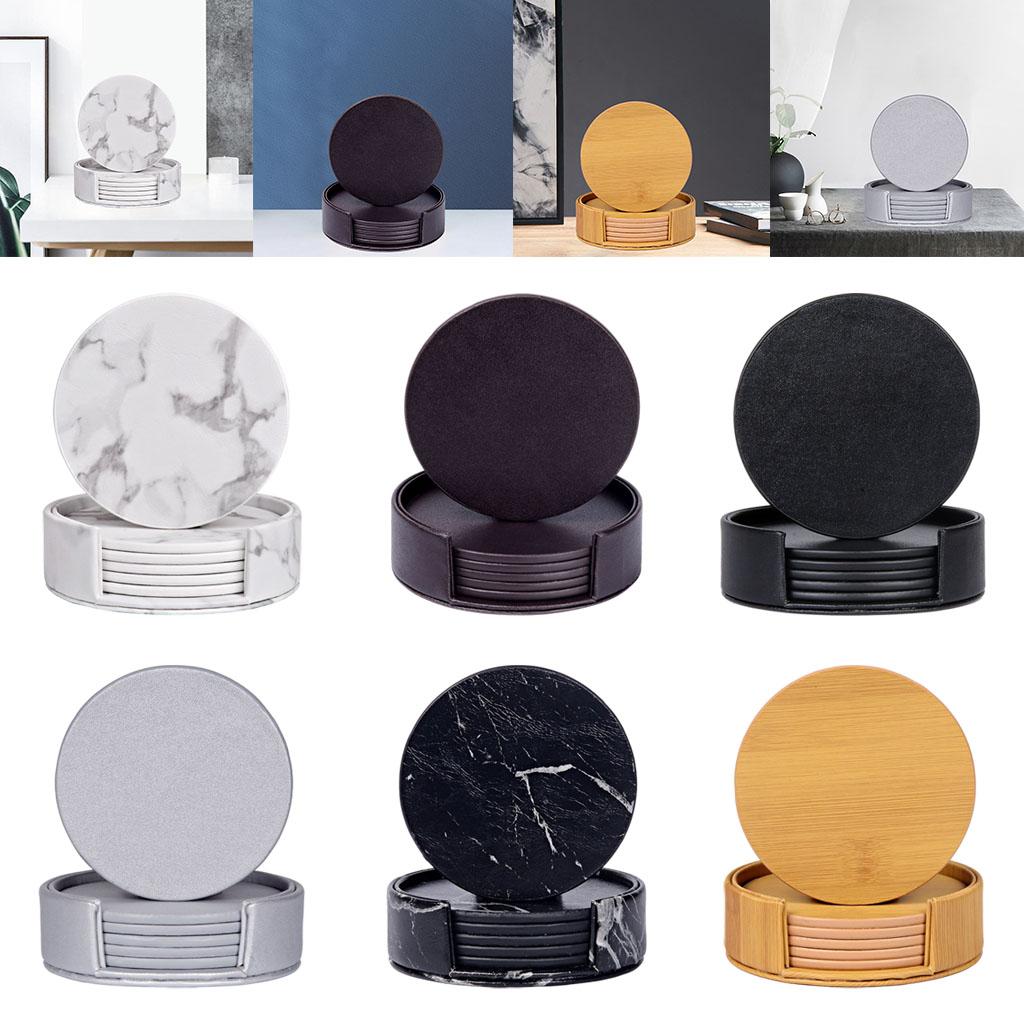 Leather Marble Grain Coasters for Drinks with Holder Heat Resistant Cup Mat marble grain white