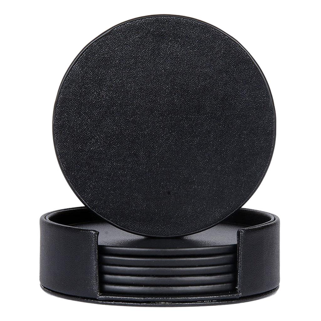 Leather Marble Grain Coasters for Drinks with Holder Heat Resistant Cup Mat black