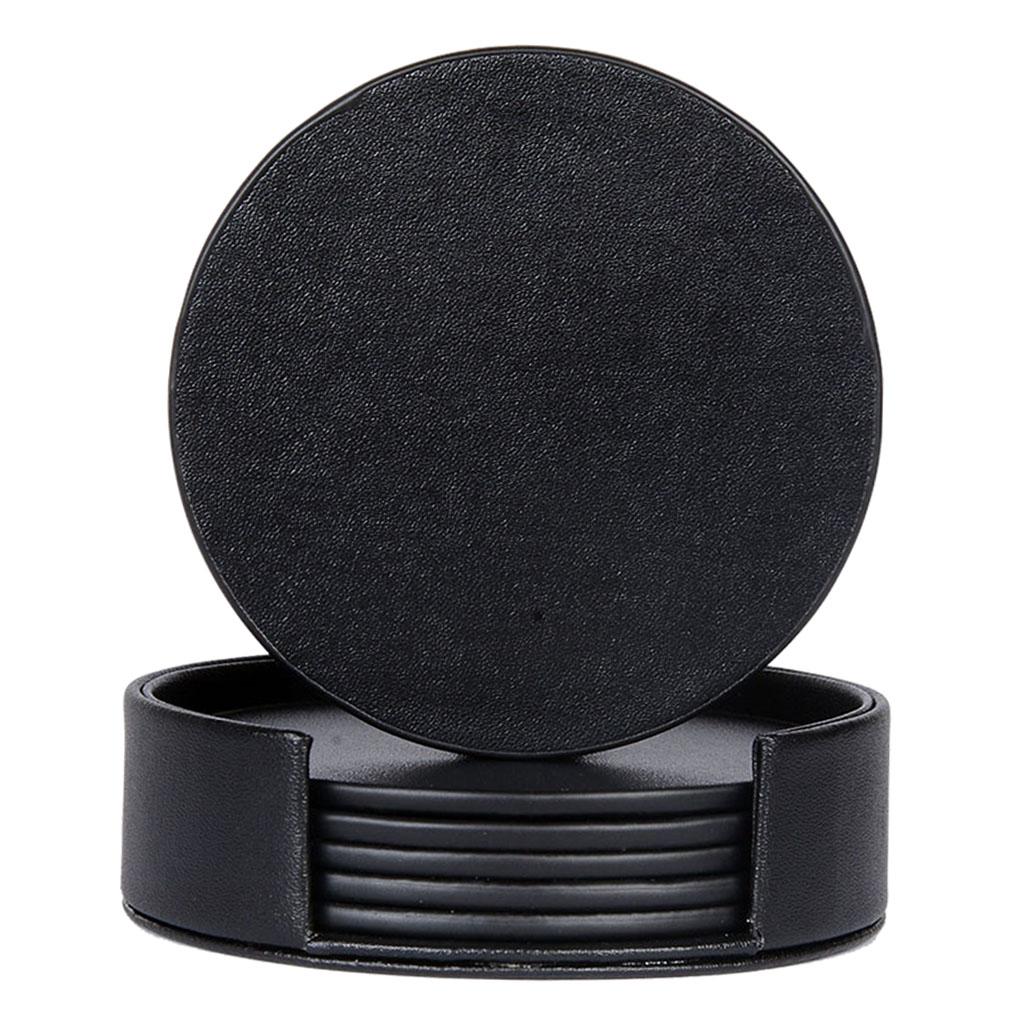 Leather Marble Grain Coasters for Drinks with Holder Heat Resistant Cup Mat black