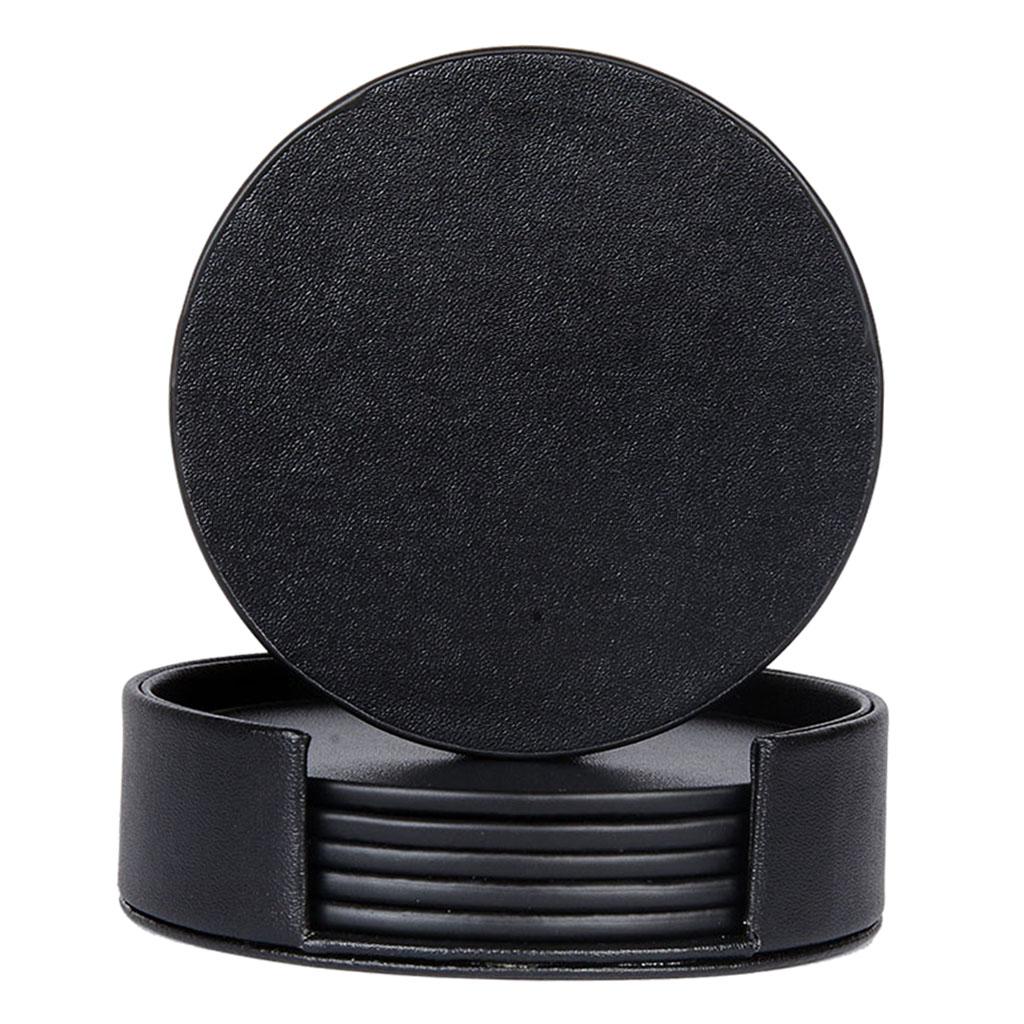 Leather Marble Grain Coasters for Drinks with Holder Heat Resistant Cup Mat black