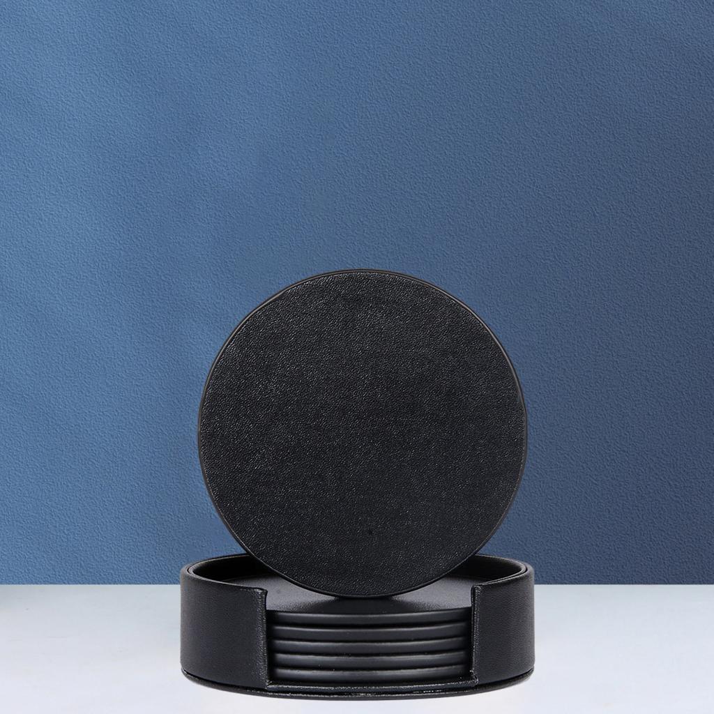 Leather Marble Grain Coasters for Drinks with Holder Heat Resistant Cup Mat black
