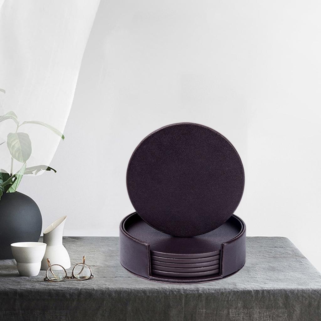 Leather Marble Grain Coasters for Drinks with Holder Heat Resistant Cup Mat brown