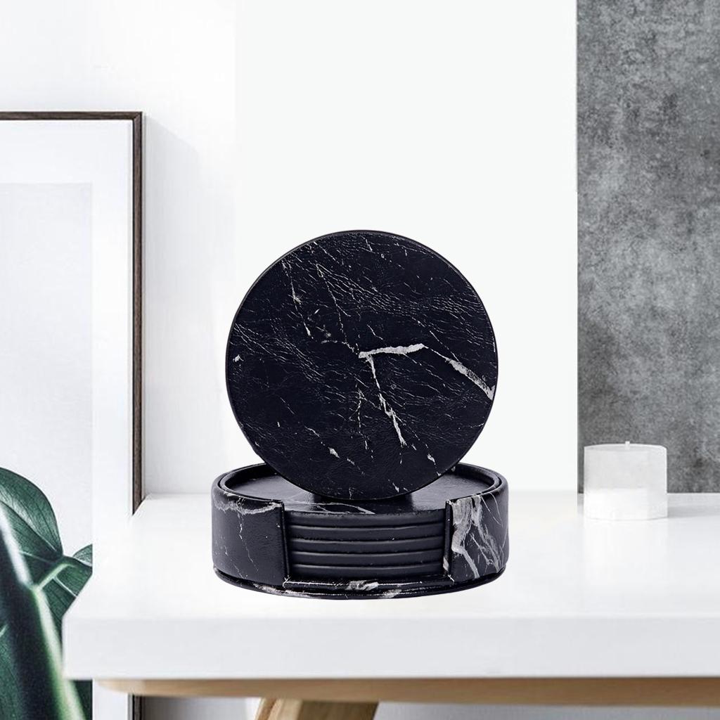 Leather Marble Grain Coasters for Drinks with Holder Heat Resistant Cup Mat marble grain black