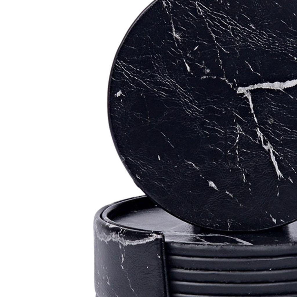 Leather Marble Grain Coasters for Drinks with Holder Heat Resistant Cup Mat marble grain black