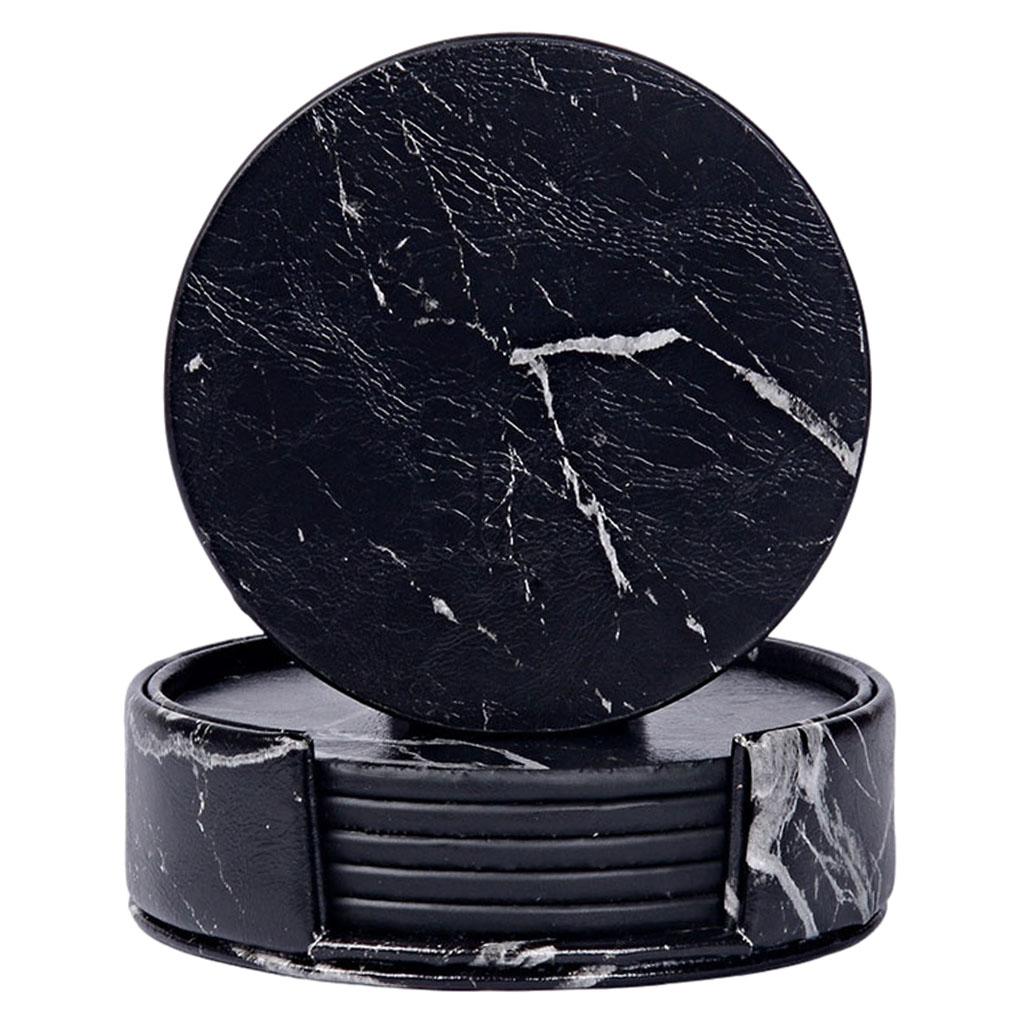 Leather Marble Grain Coasters for Drinks with Holder Heat Resistant Cup Mat marble grain black