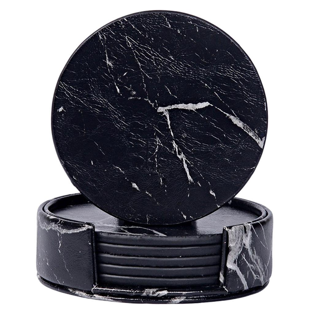 Leather Marble Grain Coasters for Drinks with Holder Heat Resistant Cup Mat marble grain black