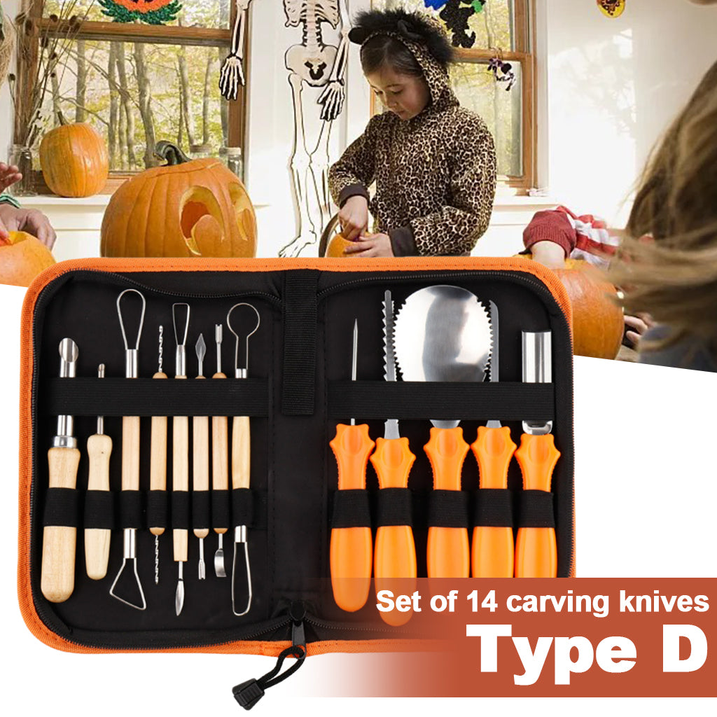 14 Pieces Carving Kit Tools Stainless Steel Case Pumpkin Tool for Halloween Type D