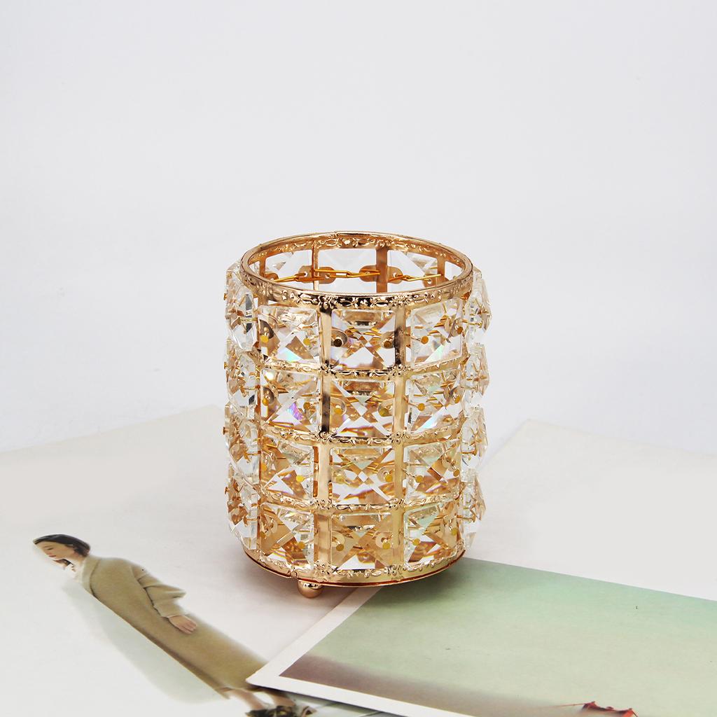 Women Crystal Makeup Storage Brush Holder Cosmetic Box Golden