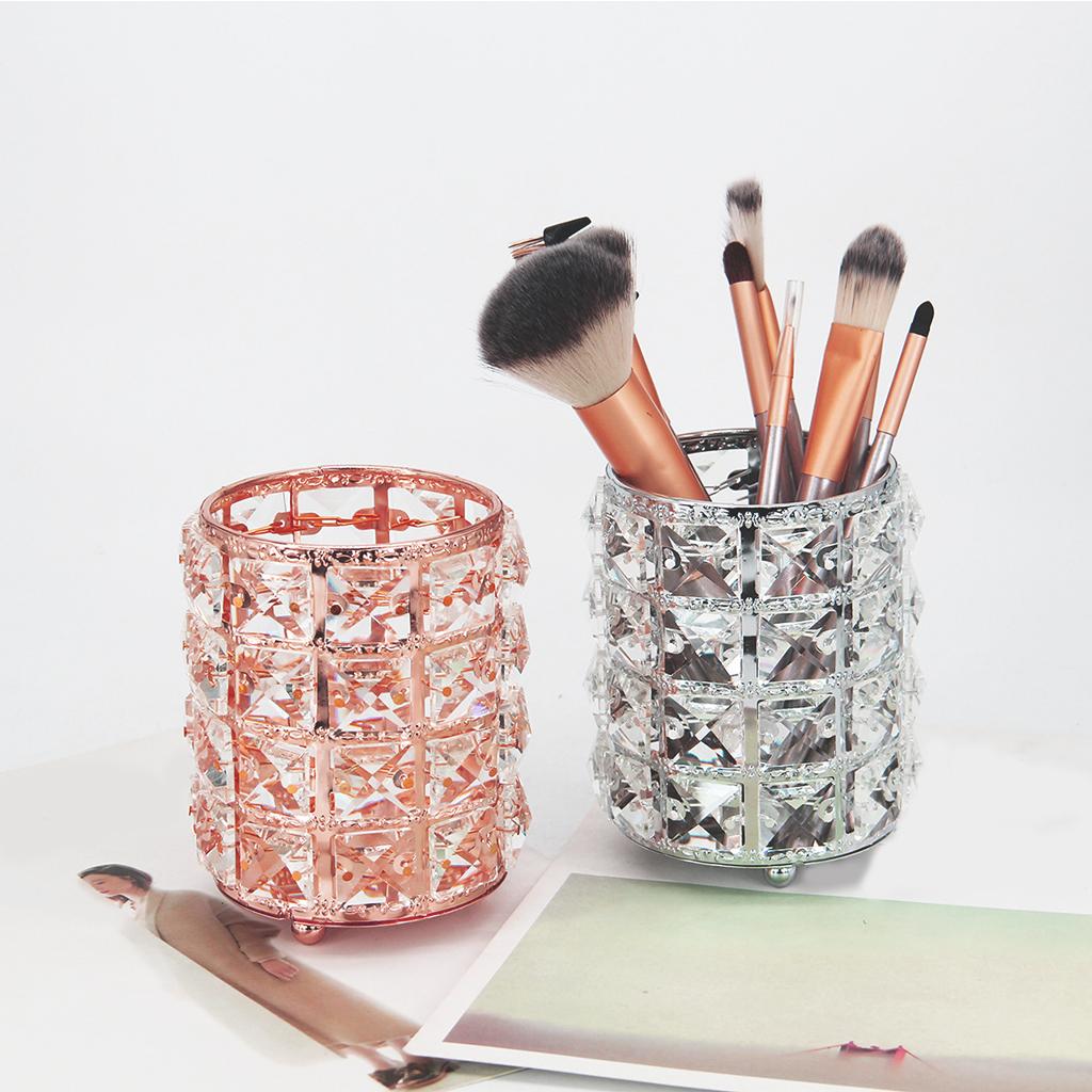Women Crystal Makeup Storage Brush Holder Cosmetic Box Rose Gold
