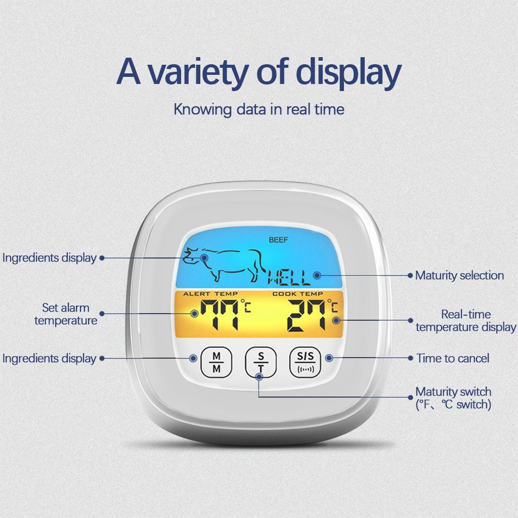 Digital Meat Thermometer LCD Display with Backlight for BBQ Cooking Accs White