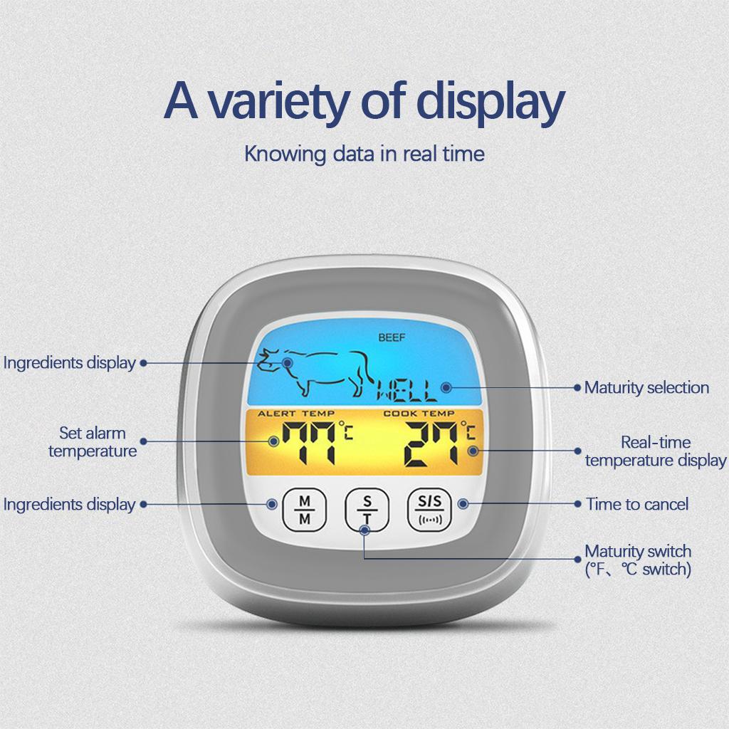 Digital Meat Thermometer LCD Display with Backlight for BBQ Cooking Accs White Grey