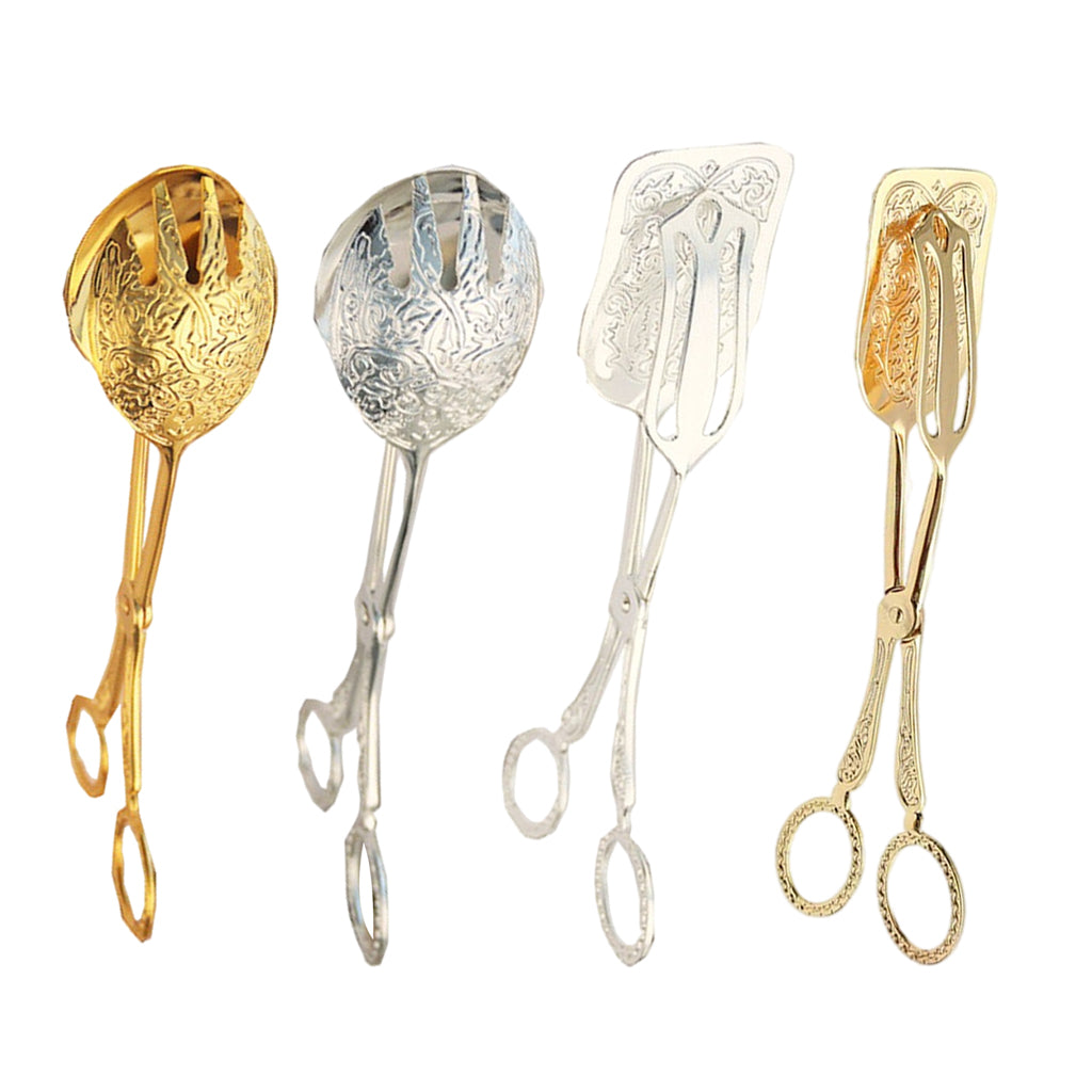 Kitchen Tongs Food Serving Tongs Dessert Clip Clamp Round Gold