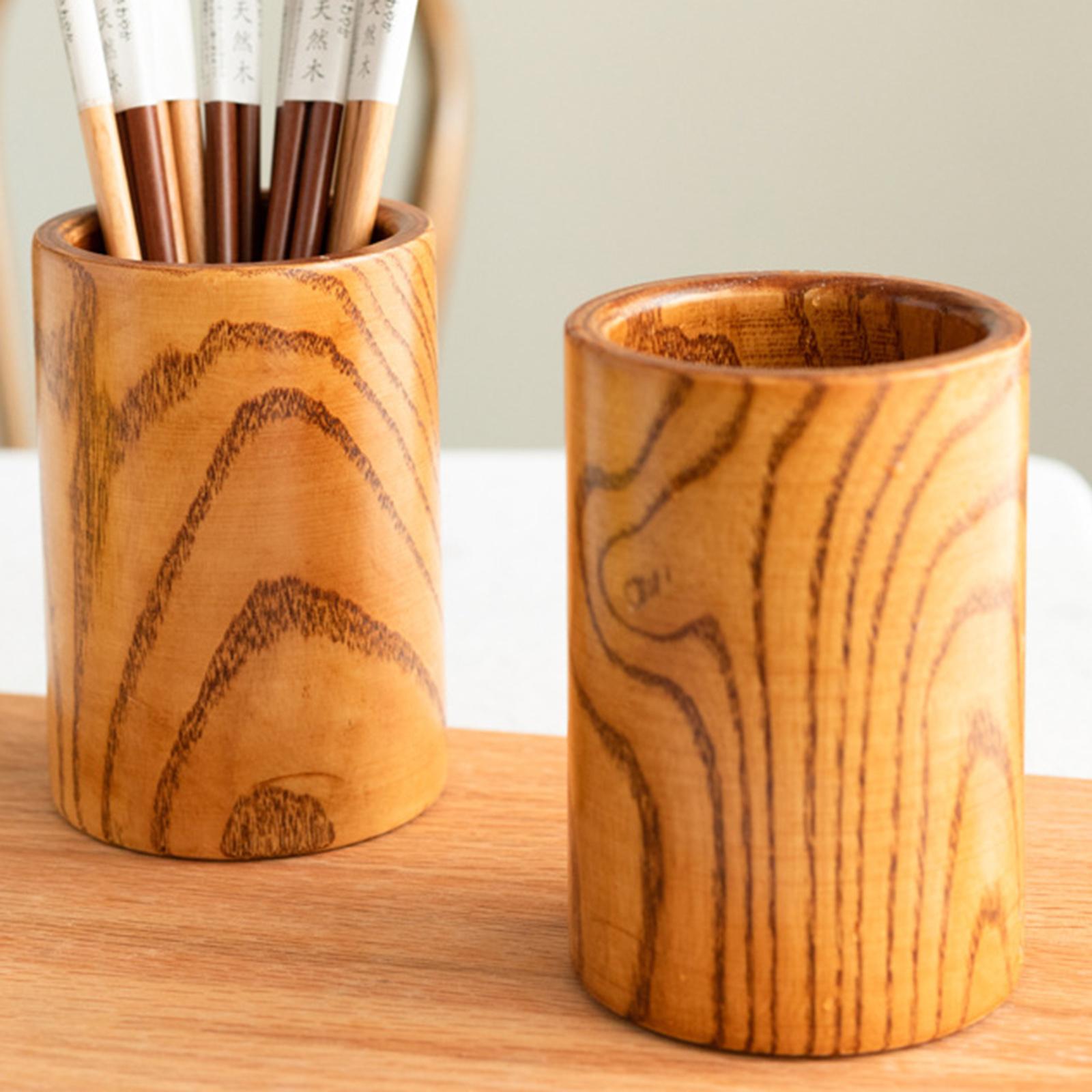 Round Wooden Utensil Holder Chopsticks Barrel Wooden Organizer for Home