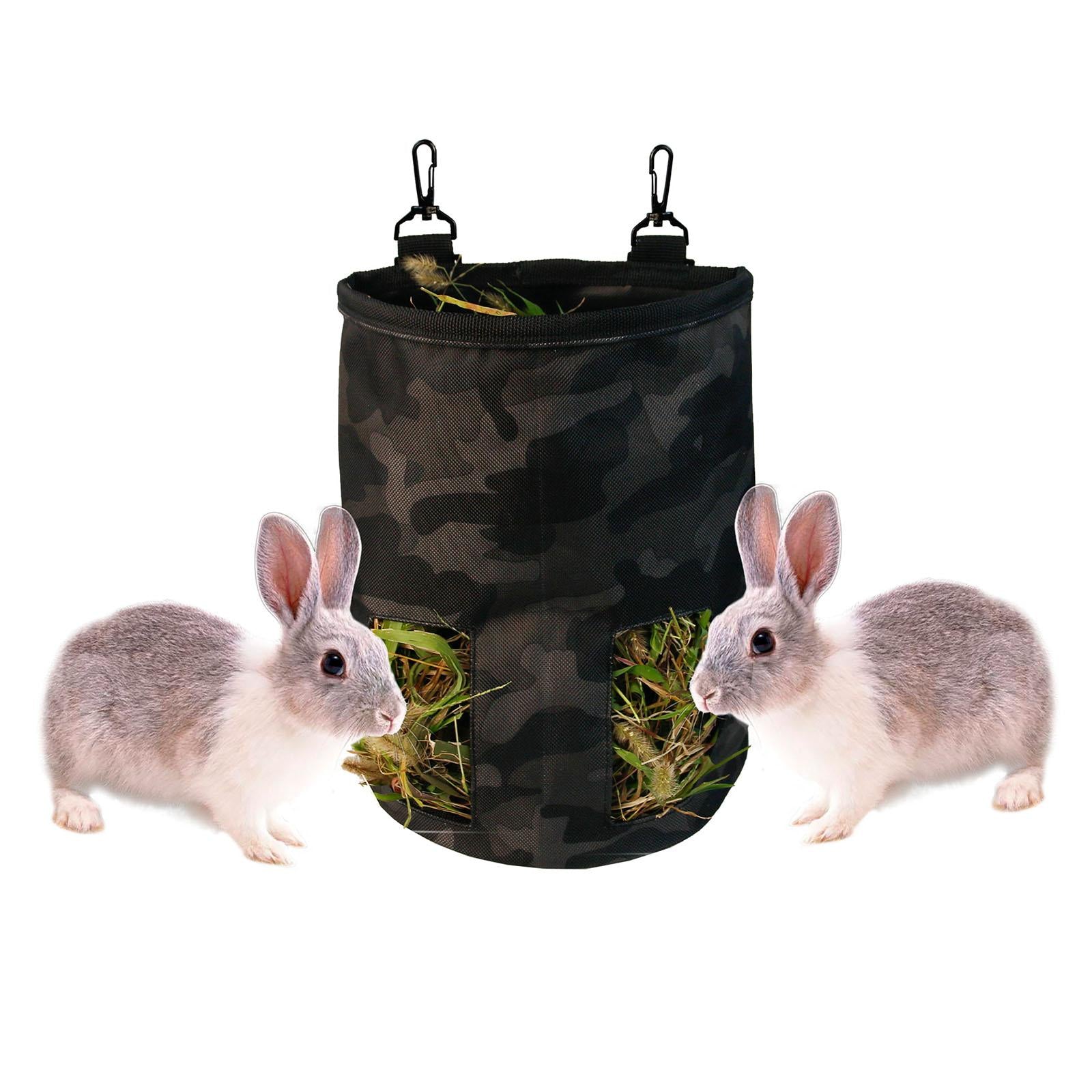 Rabbit Hay Feeder Bag Hay Bag Hanging Pouch Feeder 2 Holes for Guinea Pig black camouflage