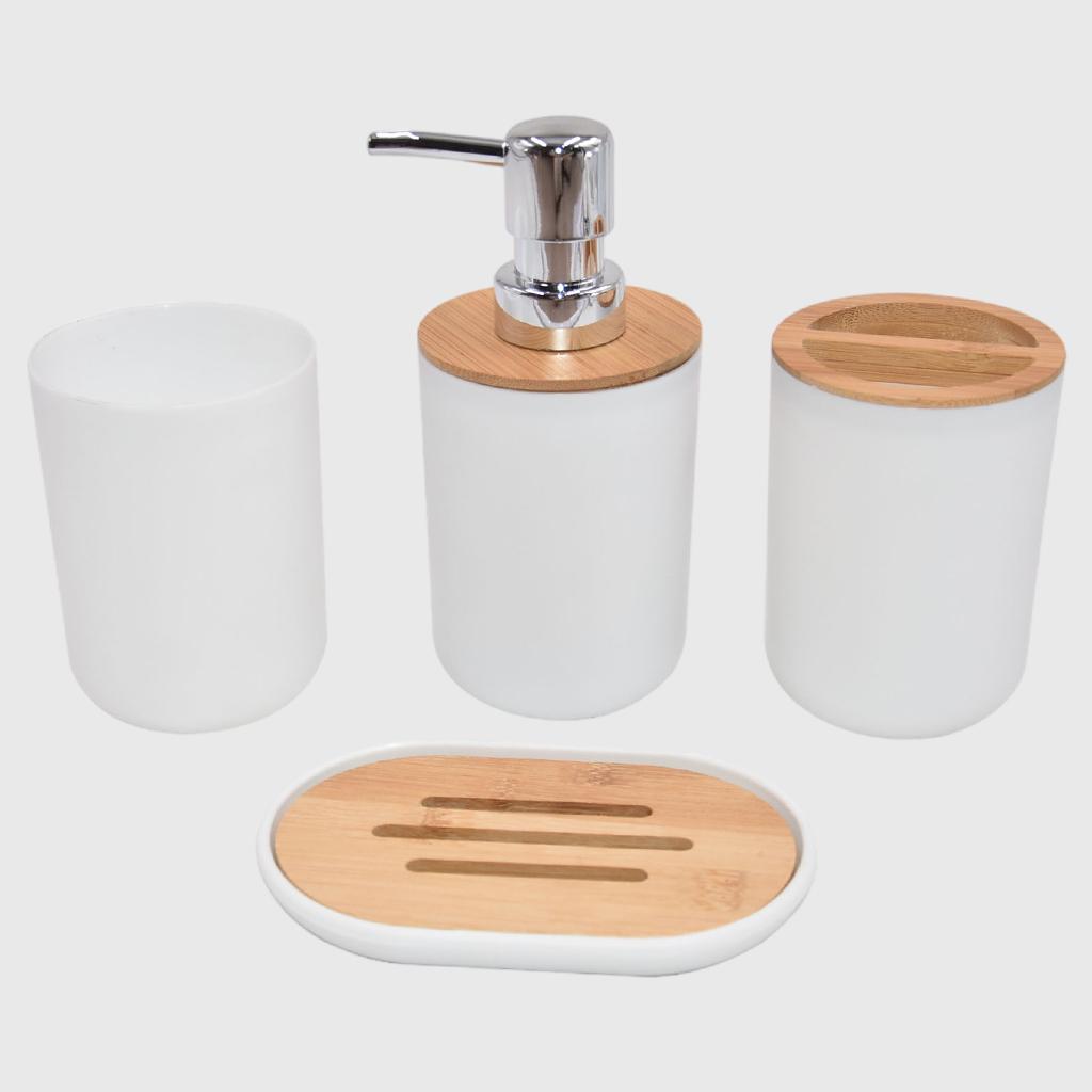 Bathroom Accessories Set Toothbrush Cup Plastic and Wood Mouth Cup for Tidy White