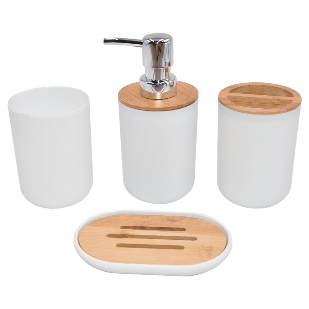 Bathroom Accessories Set Toothbrush Cup Plastic and Wood Mouth Cup for Tidy White