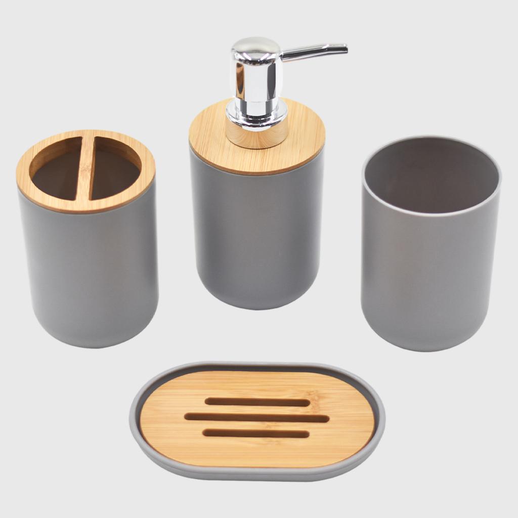 Bathroom Accessories Set Toothbrush Cup Plastic and Wood Mouth Cup for Tidy Gray