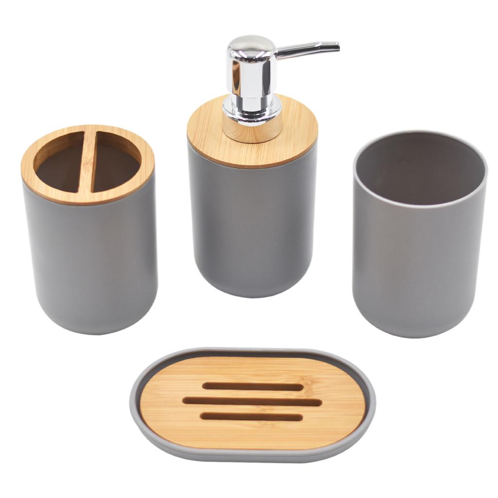 Bathroom Accessories Set Toothbrush Cup Plastic and Wood Mouth Cup for Tidy Gray