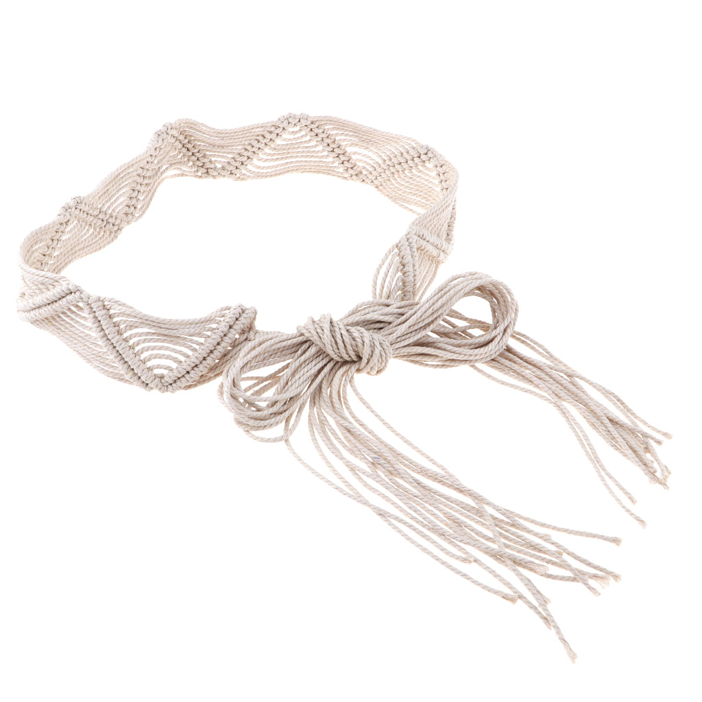 Women Bohemian Chain Knitted Belt Tassels Waistband Dress decorate White