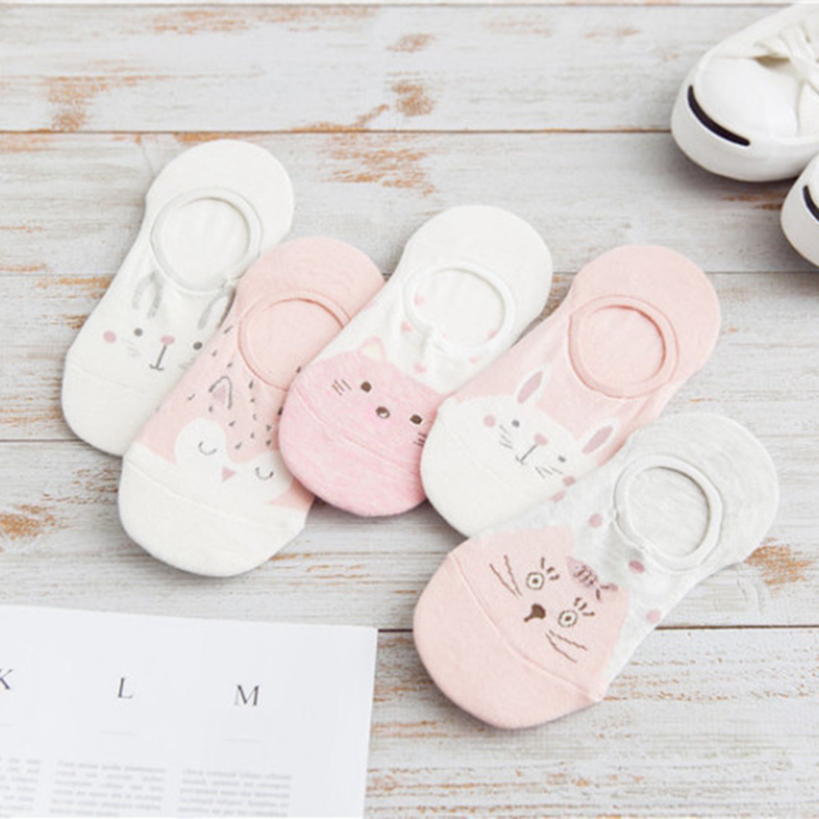 Women's 5 Pairs No Show Invisible Socks Non Slip Casual Socks Pink Cat