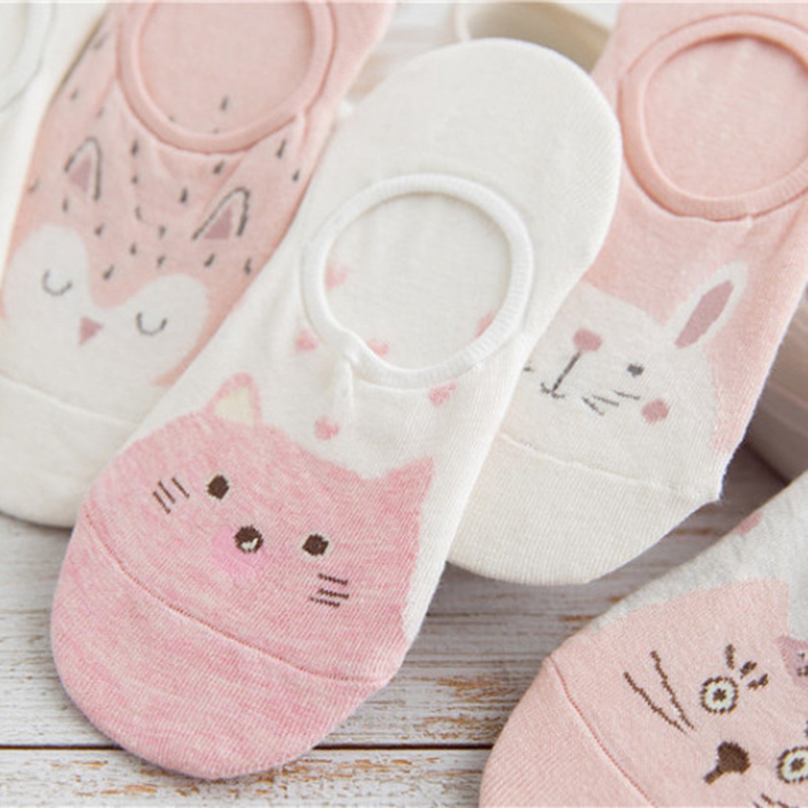 Women's 5 Pairs No Show Invisible Socks Non Slip Casual Socks Pink Cat