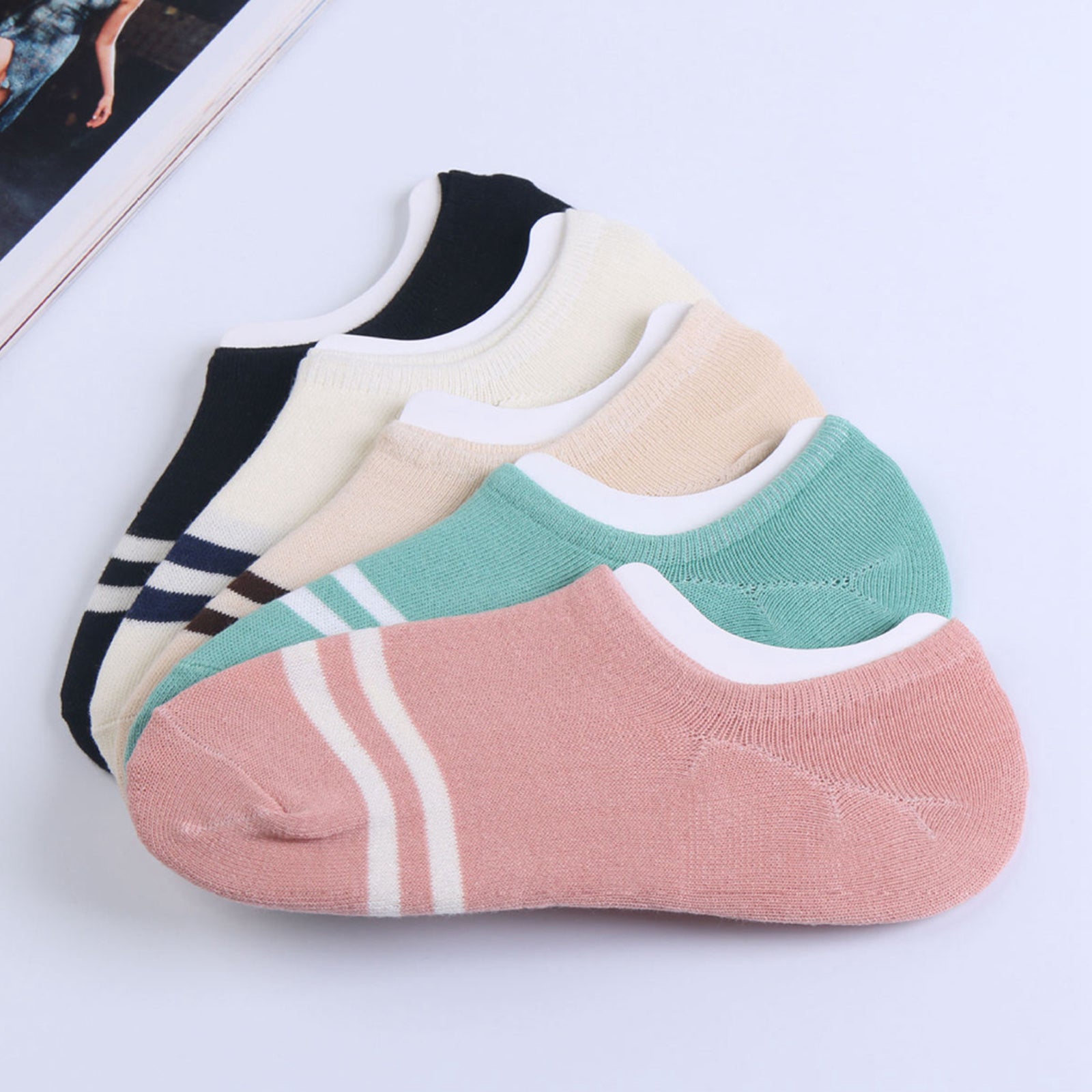 Women's 5 Pairs No Show Invisible Socks Non Slip Casual Socks 2 Stripes