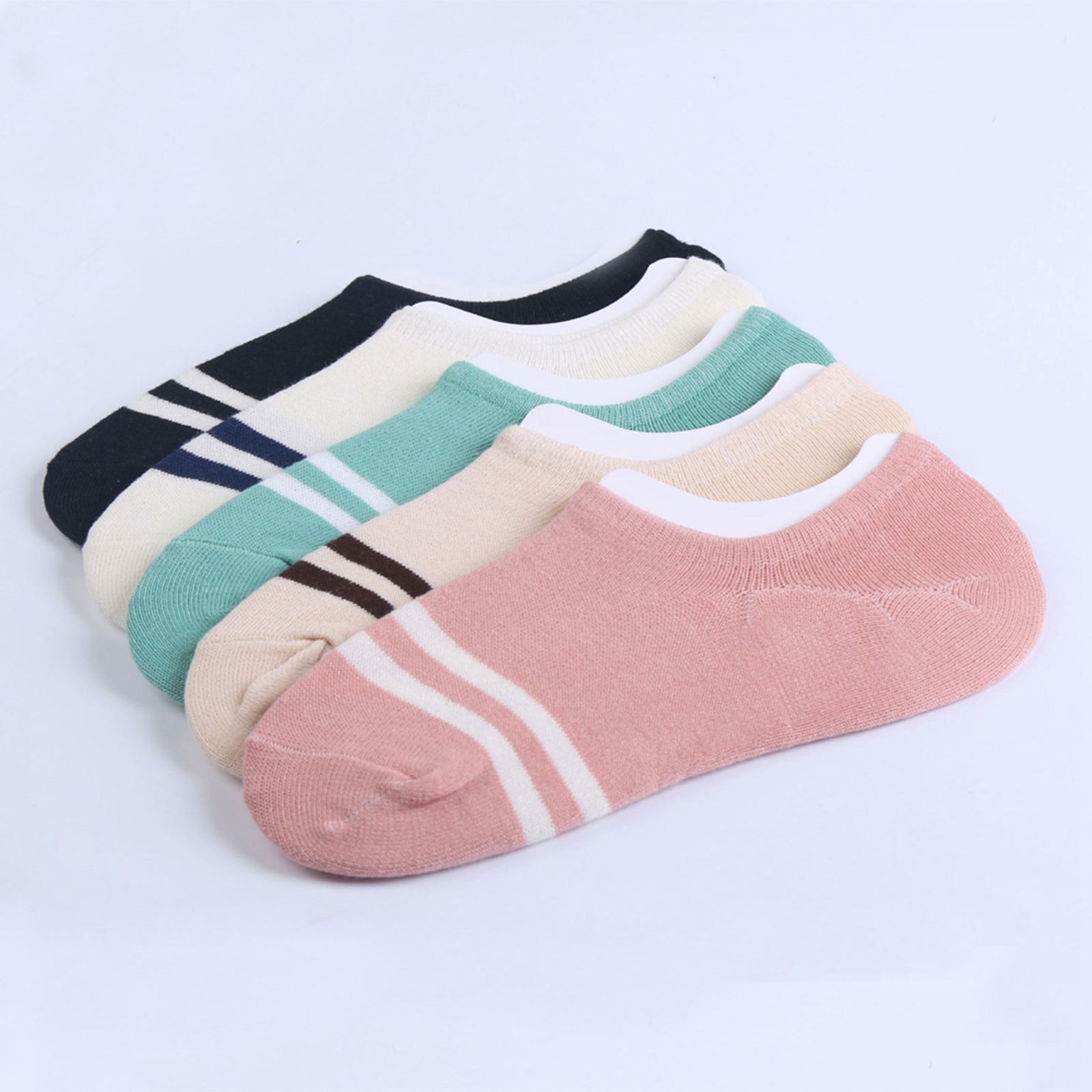 Women's 5 Pairs No Show Invisible Socks Non Slip Casual Socks 2 Stripes