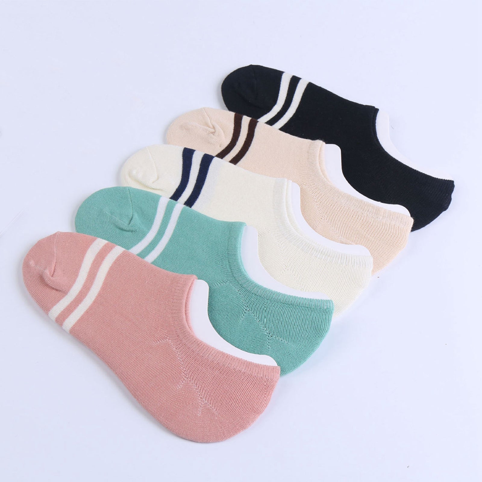 Women's 5 Pairs No Show Invisible Socks Non Slip Casual Socks 2 Stripes