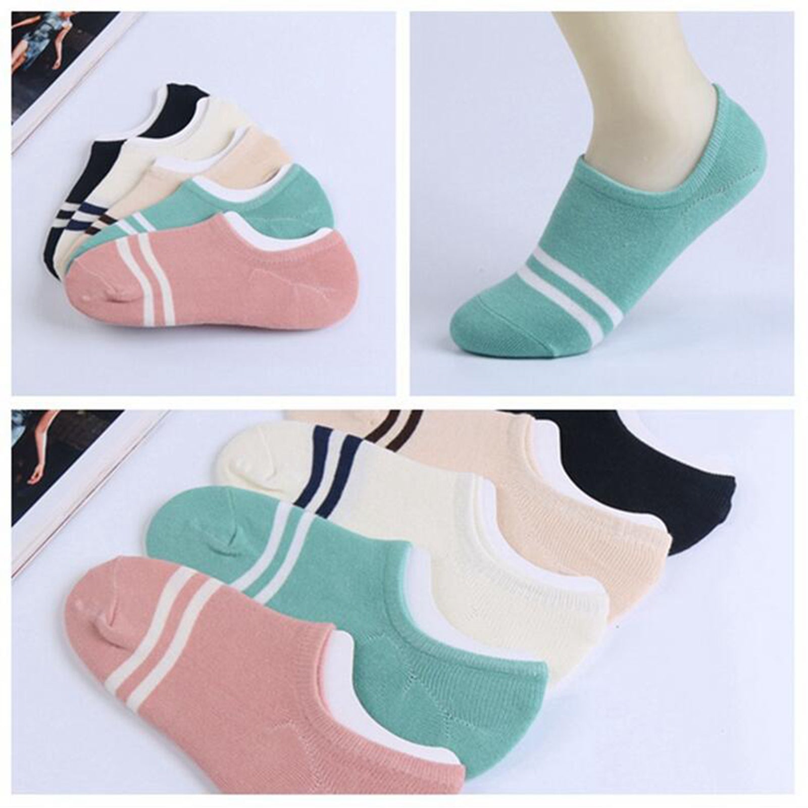 Women's 5 Pairs No Show Invisible Socks Non Slip Casual Socks 2 Stripes