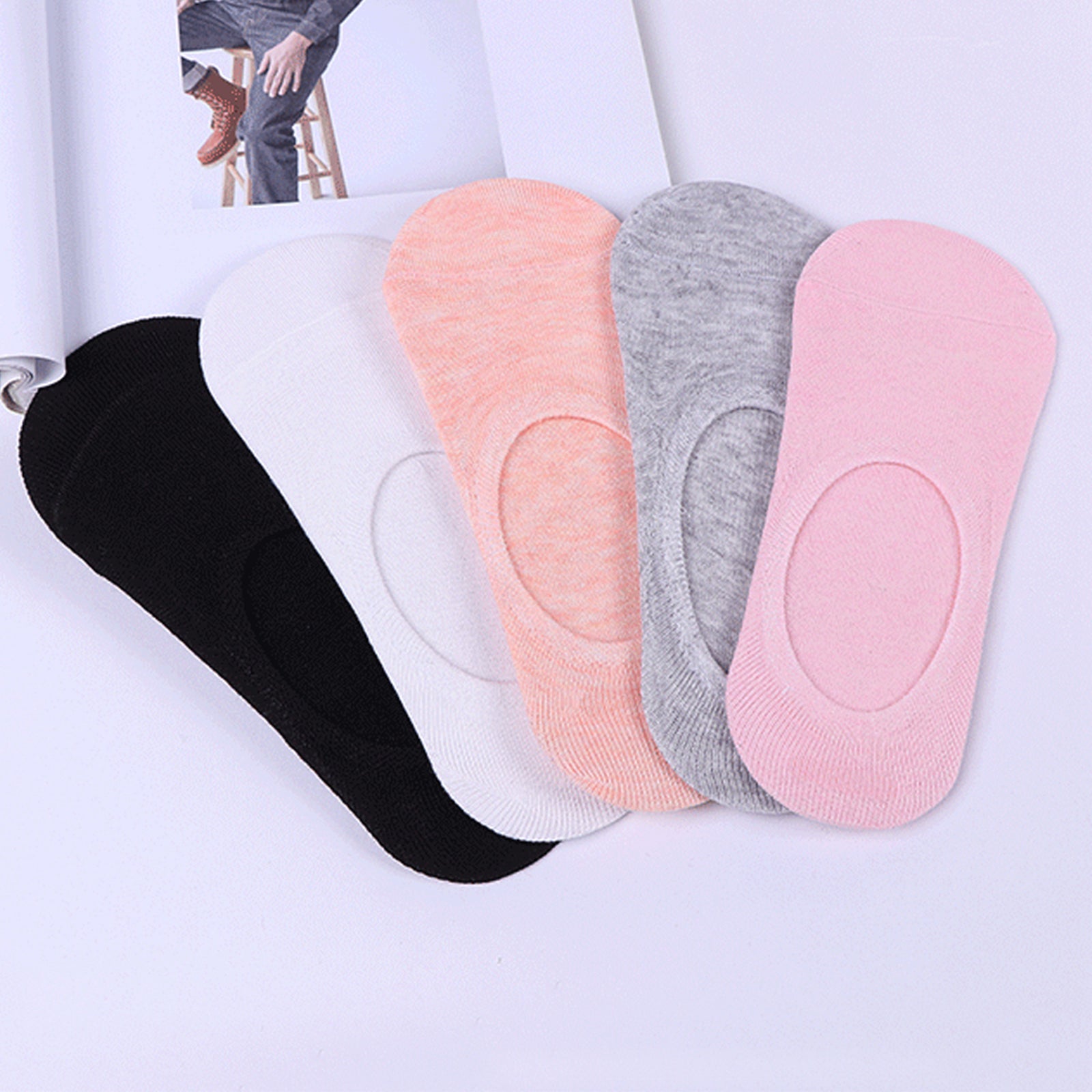 Women's 5 Pairs No Show Invisible Socks Non Slip Casual Socks Solid Color