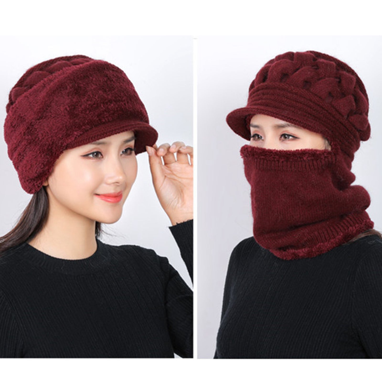 Winter Women Hat Warm Skullies Scarf Crochet Casual Cap Wine Red