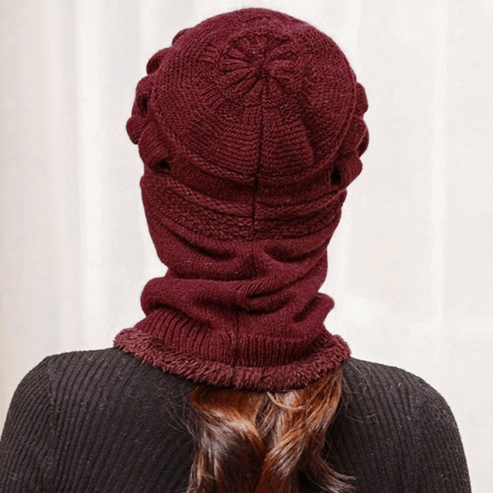 Winter Women Hat Warm Skullies Scarf Crochet Casual Cap Wine Red