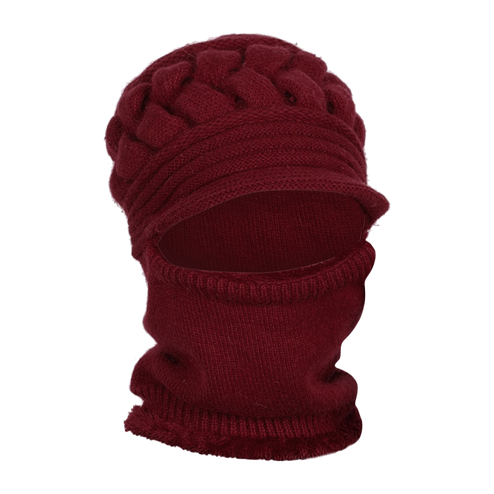 Winter Women Hat Warm Skullies Scarf Crochet Casual Cap Wine Red