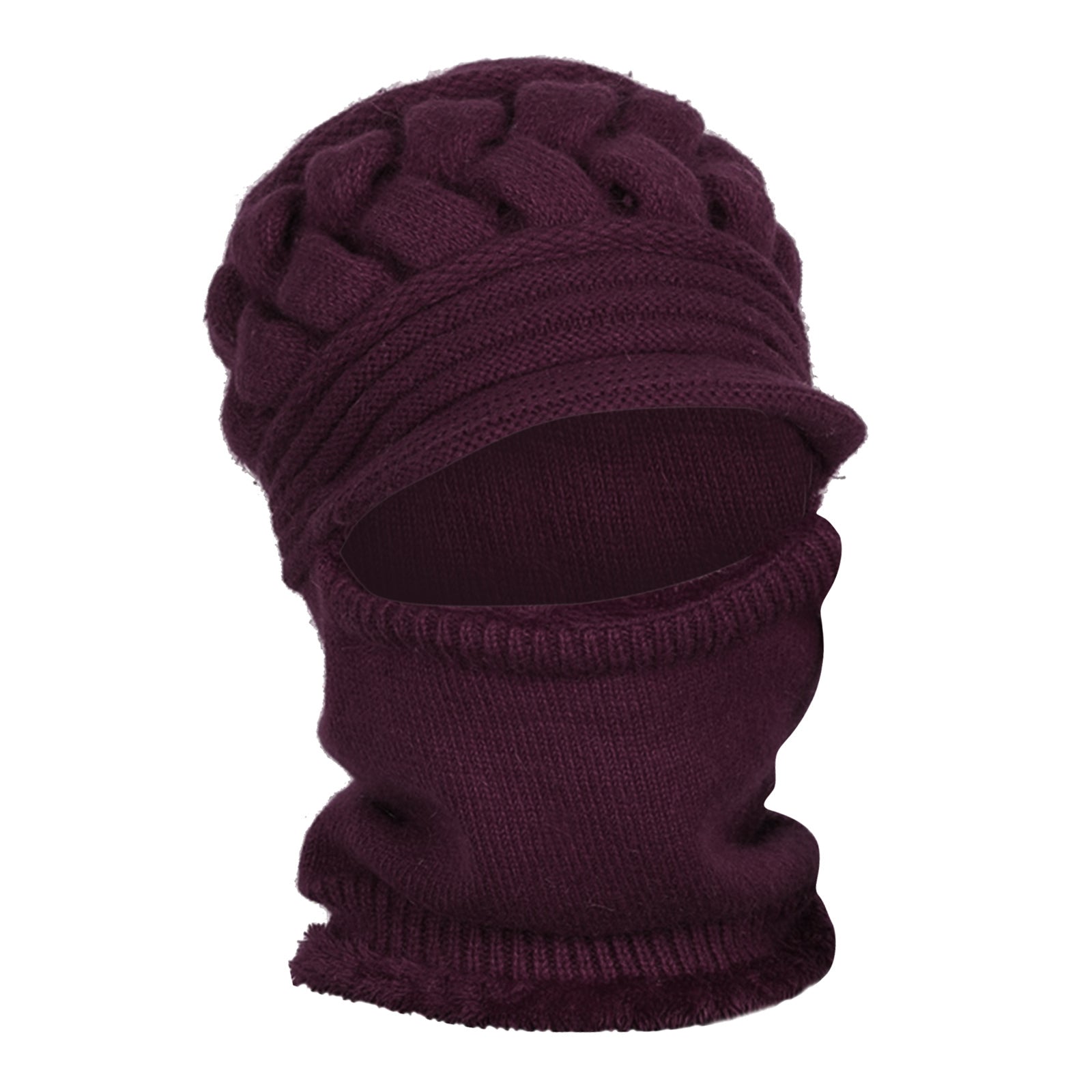Winter Women Hat Warm Skullies Scarf Crochet Casual Cap Dark Violet
