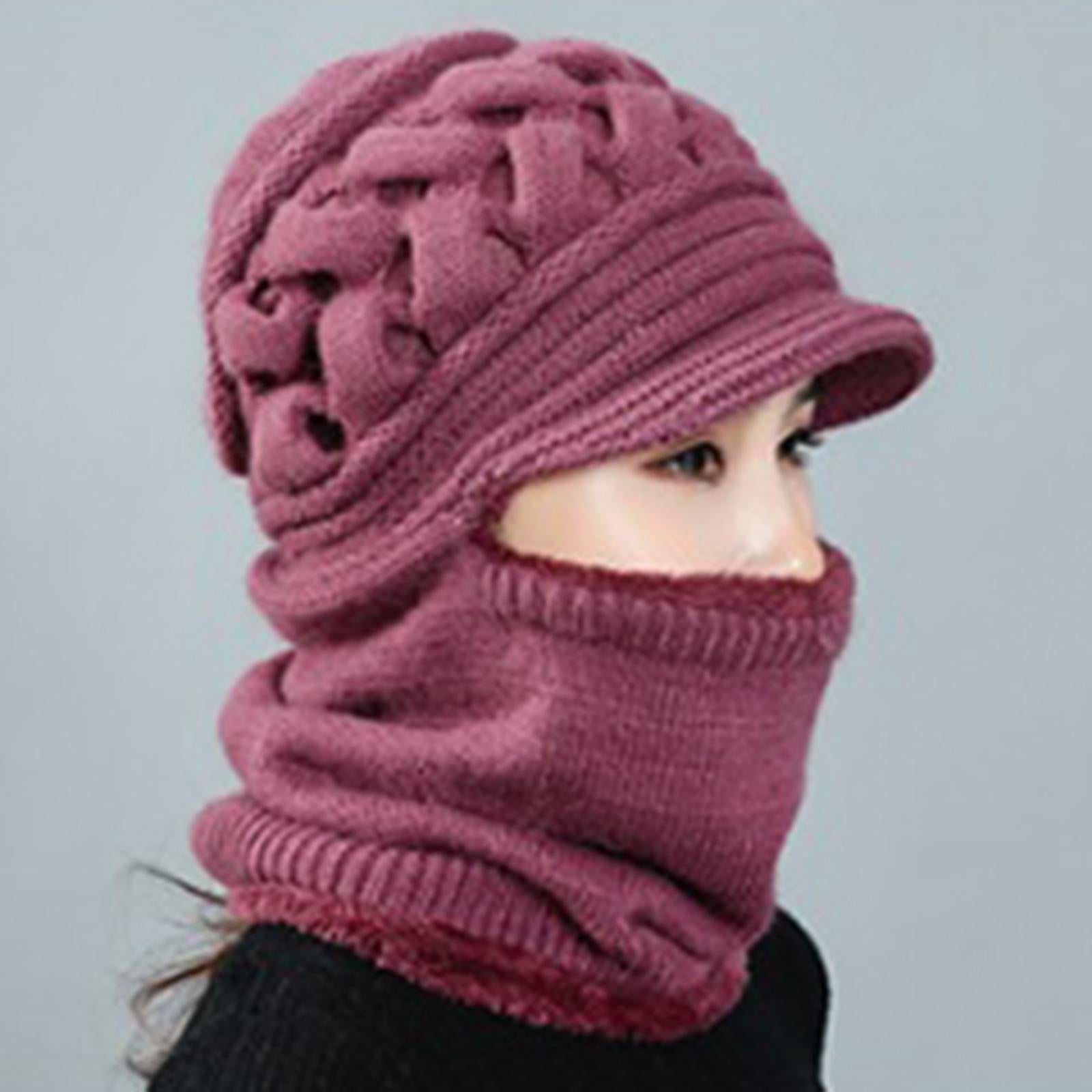 Winter Women Hat Warm Skullies Scarf Crochet Casual Cap Pink