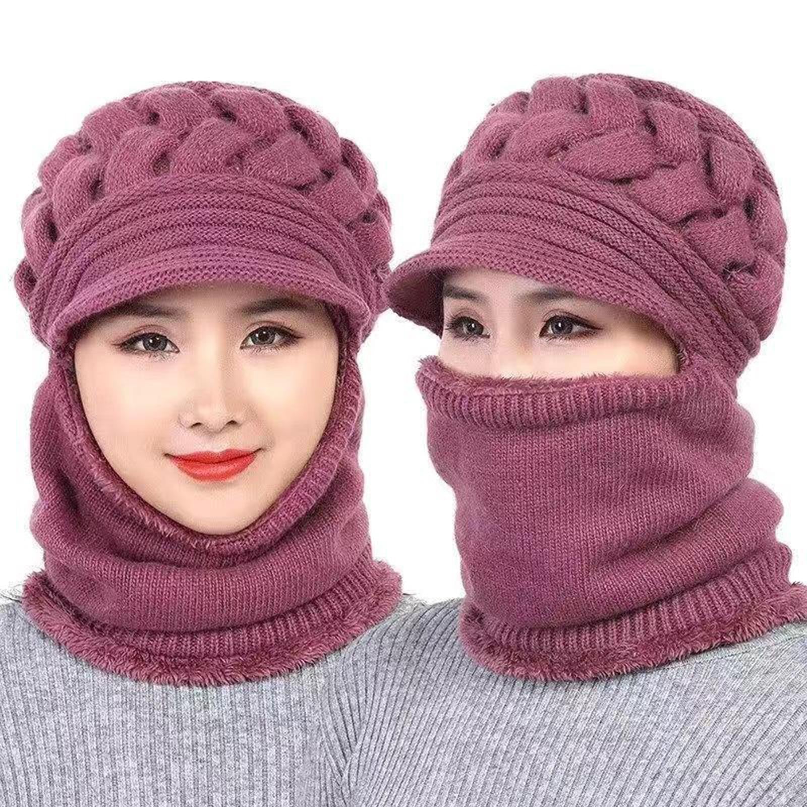 Winter Women Hat Warm Skullies Scarf Crochet Casual Cap Pink