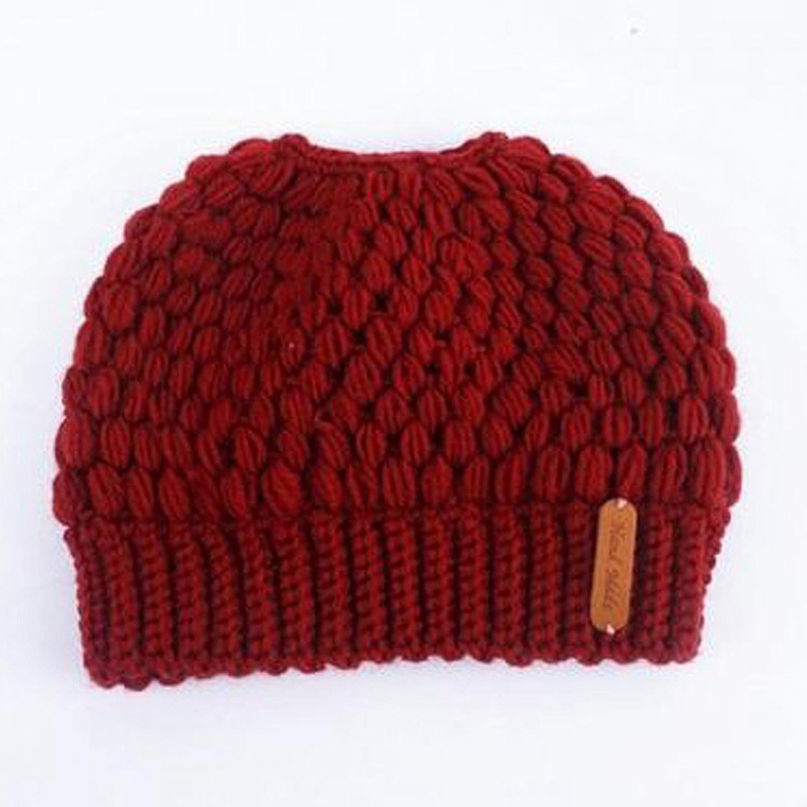 Ponytail Messy Bun Beanie Hats Knit Stretchy Beanie Hats Cap Red