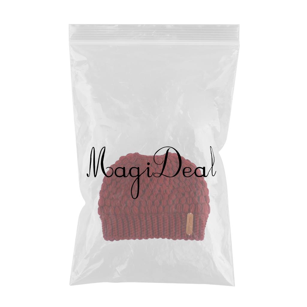 Ponytail Messy Bun Beanie Hats Knit Stretchy Beanie Hats Cap Red