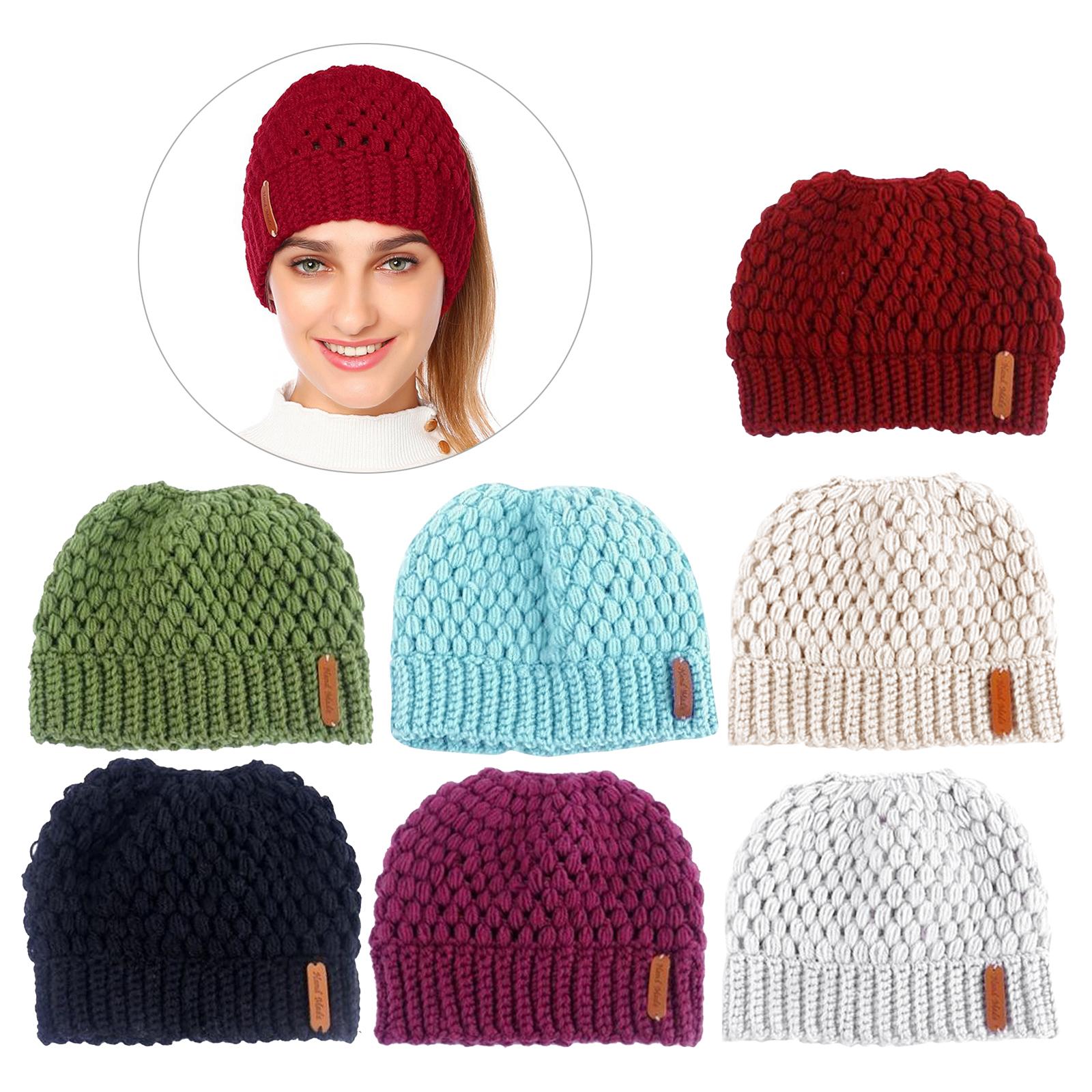 Ponytail Messy Bun Beanie Hats Knit Stretchy Beanie Hats Cap Red