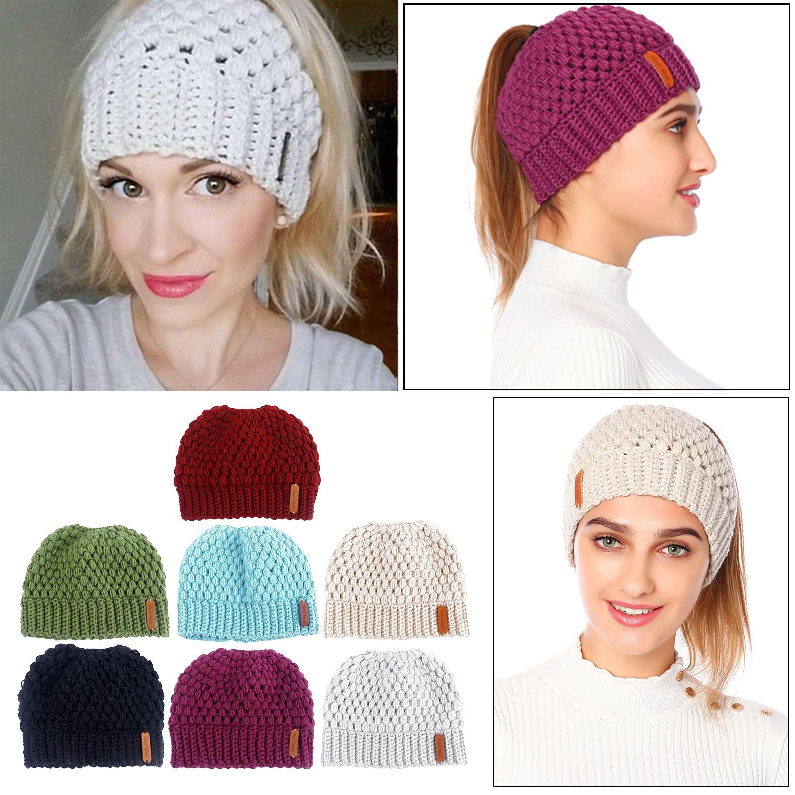 Ponytail Messy Bun Beanie Hats Knit Stretchy Beanie Hats Cap Red