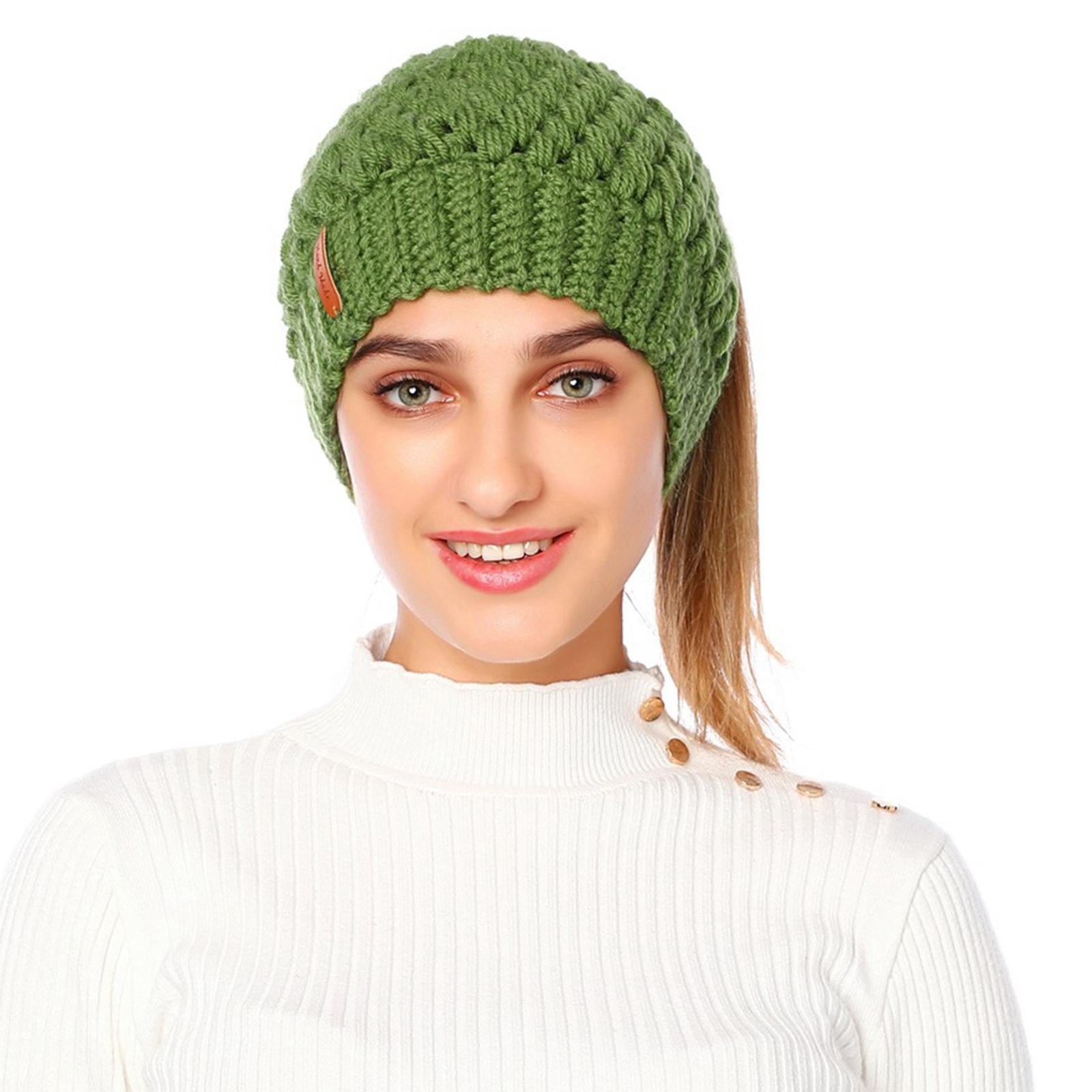 Ponytail Messy Bun Beanie Hats Knit Stretchy Beanie Hats Cap Green