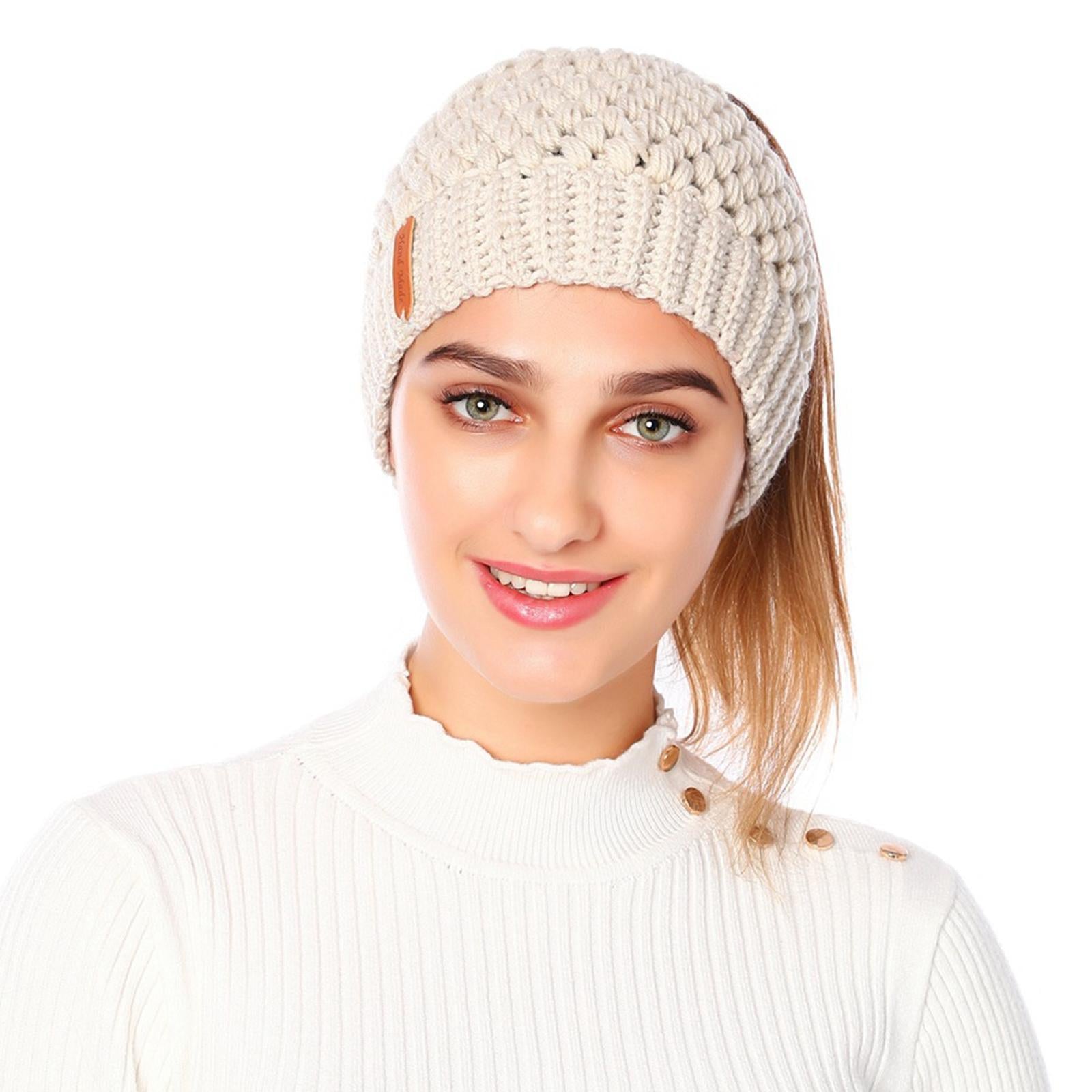 Ponytail Messy Bun Beanie Hats Knit Stretchy Beanie Hats Cap Khaki