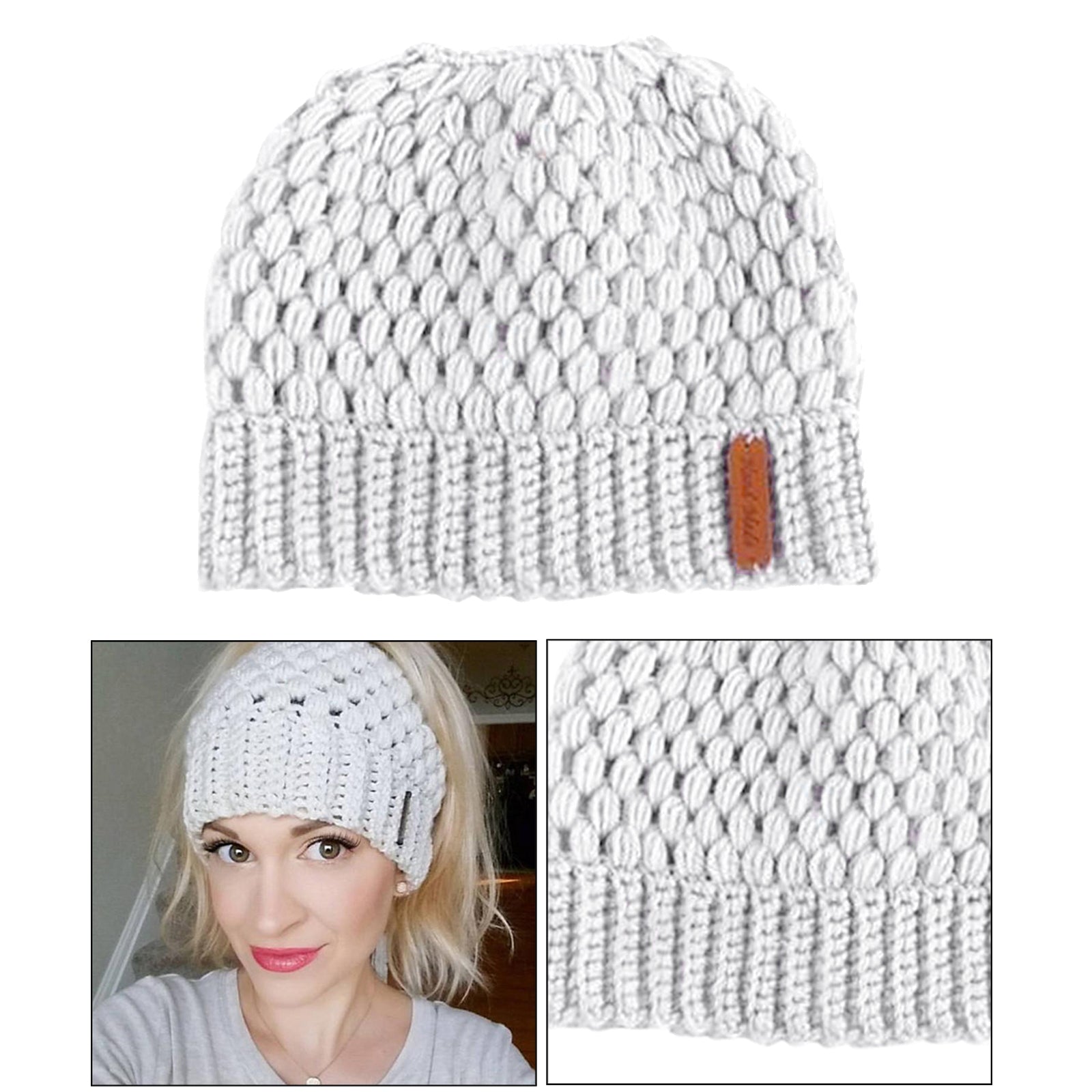 Ponytail Messy Bun Beanie Hats Knit Stretchy Beanie Hats Cap Beige